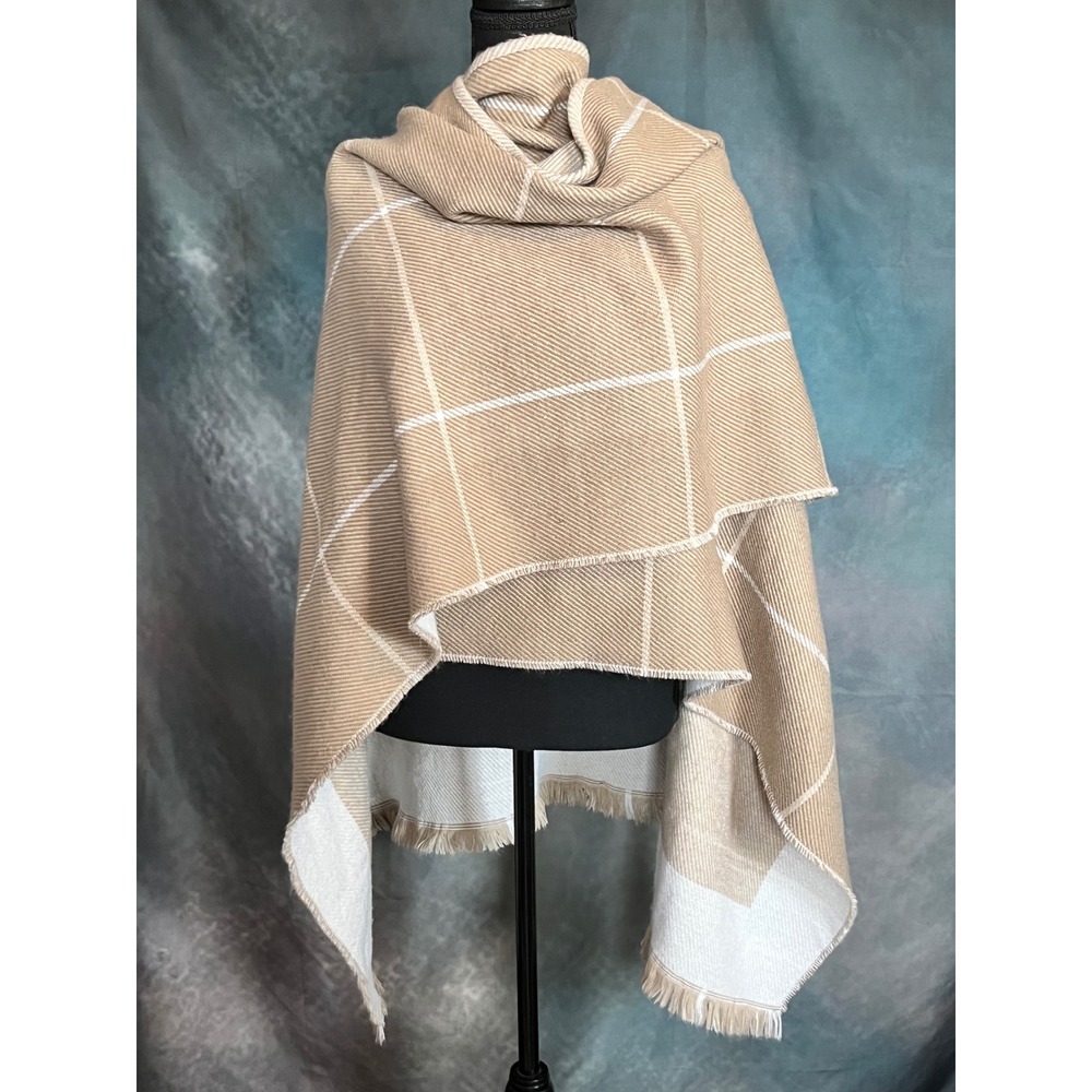 Banana Republic Tan Beige White Plaid Fringe Cape Shawl Wrap Poncho - Picture 4 of 7